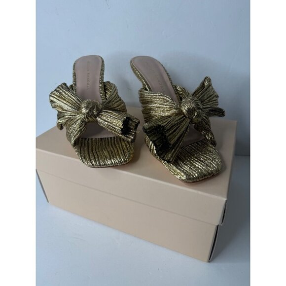 NEW Loeffler Randall Claudia Pleated Bow Heeled Sandal Gold Dress Shoe Size 6.5 - Picture 3 of 8
